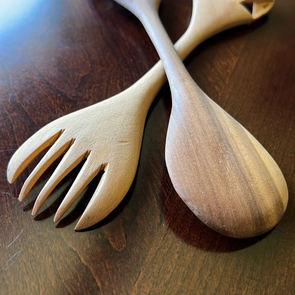 Vintage Small Wooden salad servers carved Elephant design